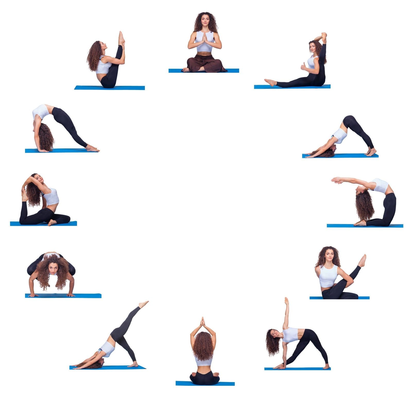 Iyengar Yoga 10 collage young beautiful fitness girl doing yoga exercise isolated white form round clock face scaled