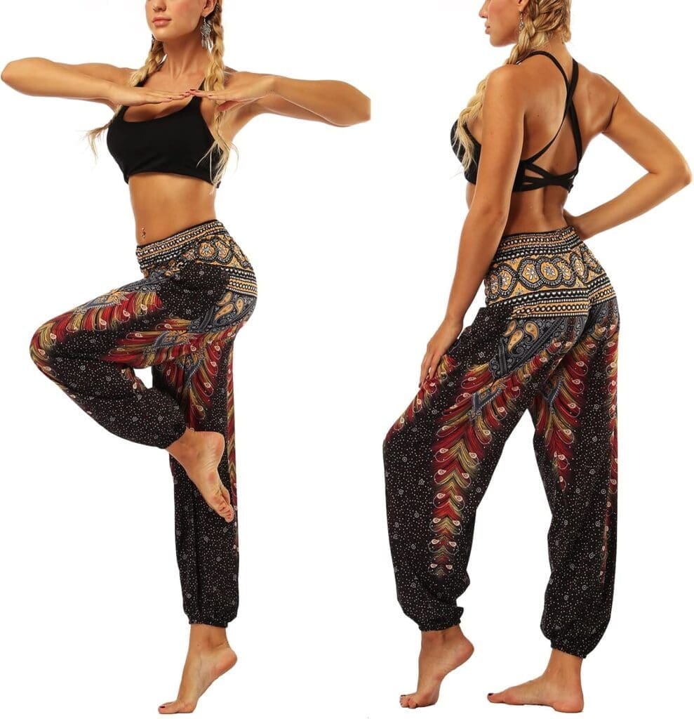 Nuofengkudu Womens Harem Hippie Pants Baggy Boho Patterned High Waist Smocked Waist Thin with Pockets Lounge Trousers for Yoga Summer Beach